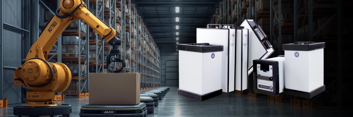 FMB & QHB banner for article MEAN WELL's FMB & QHB lithium-ion battery packs in a AMR/AGV used in warehouse